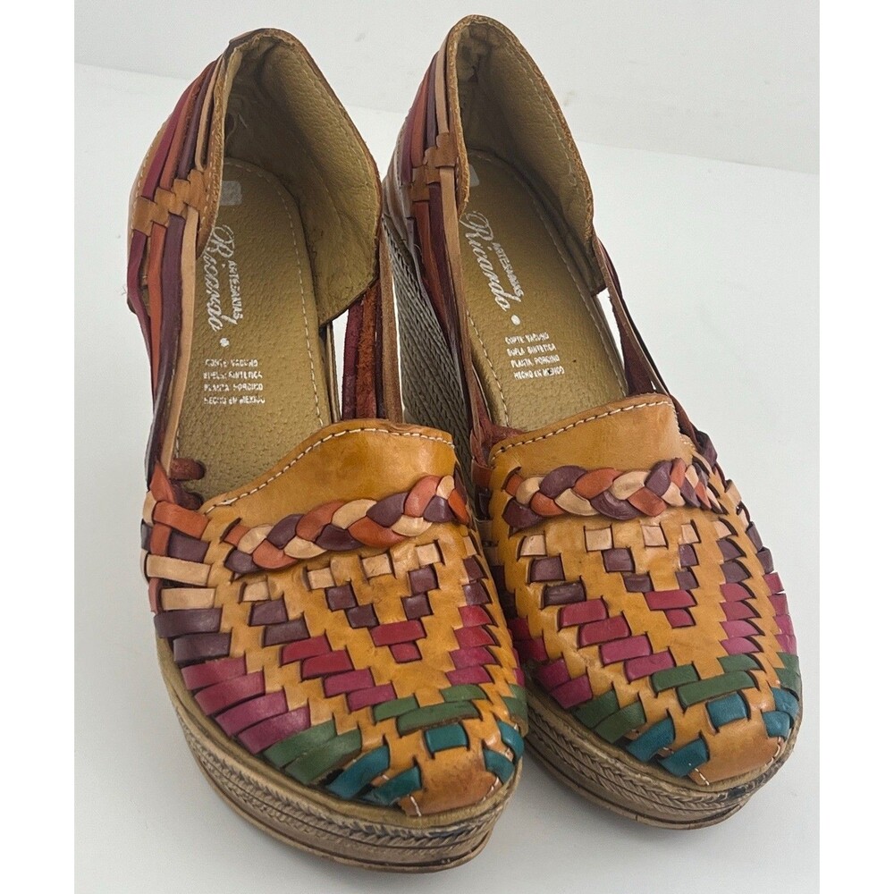 Multicolor Woven Leather Huarache Platform Wedge Shoes Boho Womens Size 8 - 8.5